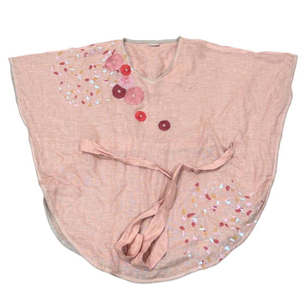 Kaveri Linen Embroidered Painted V-Neck Top OS Peach Tie Waist Coastal Resort
